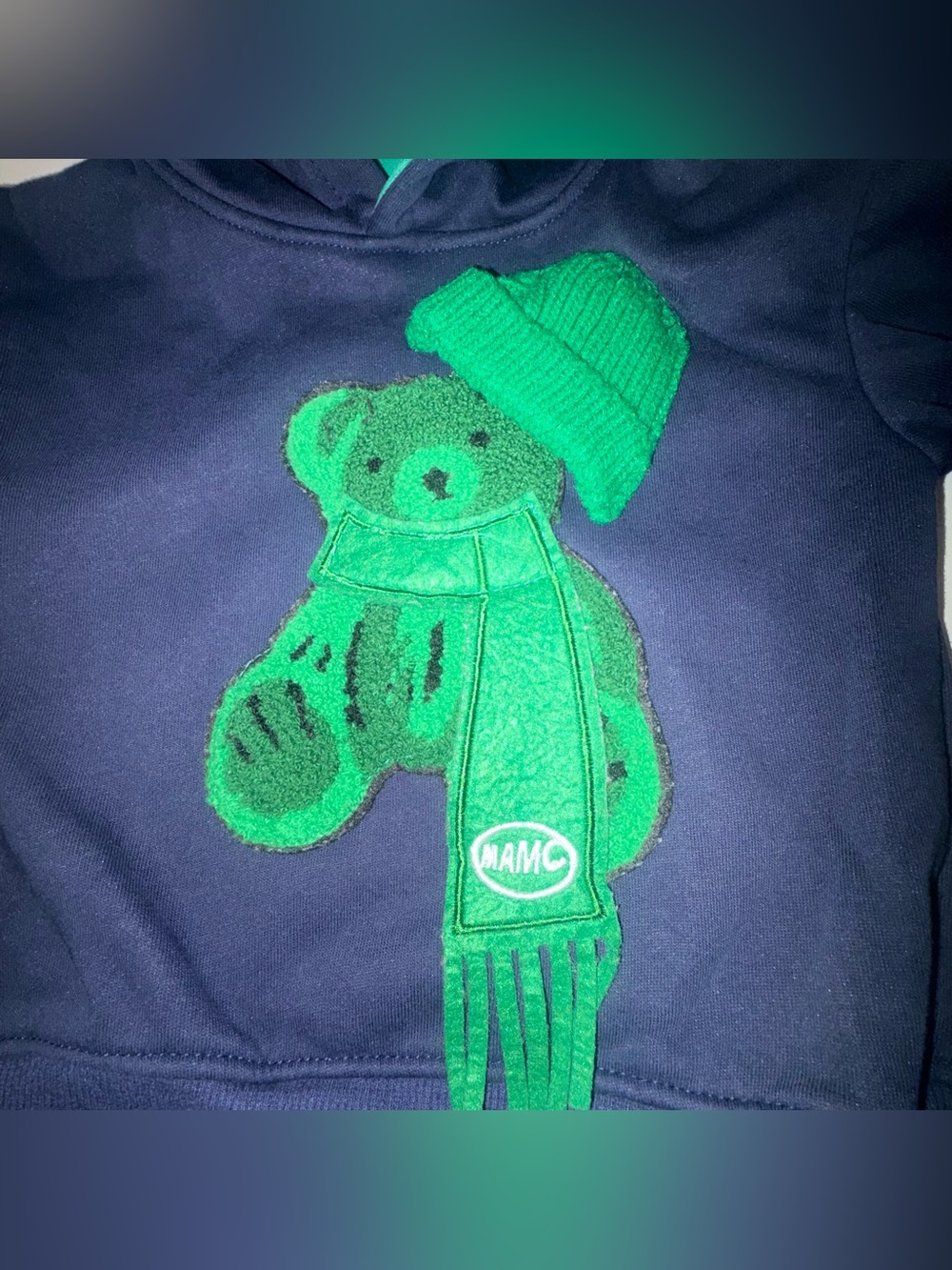 HONE BABY Navy Hoodie with Green Teddy Applique - Kids Unisex